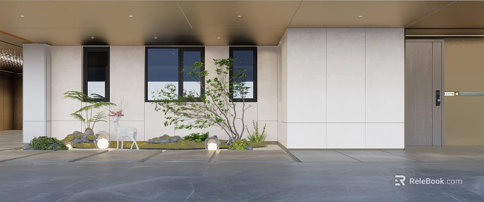 Modern Office Corridor Interior Design With Large Windows And Green Plants 3d model 