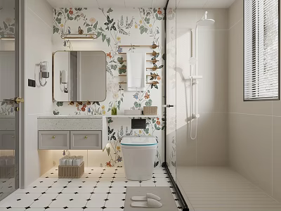 Modern Bathroom Interior With Floral Wallpaper Double Vanity Toilet Shower And Black White Floor Tiles 3d model