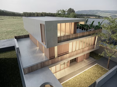 Modern Detached Villa With Concrete Exterior Large Windows Balcony And Scenic Green Landscape 3d model