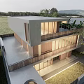 Modern Detached Villa With Concrete Exterior Large Windows Balcony And Scenic Green Landscape