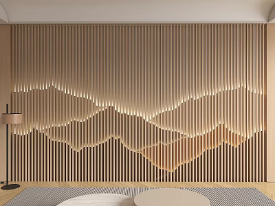 Modern Wooden Striped Wall Design With Wavy Patterns And Ambient Lighting 3d model