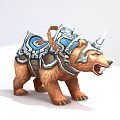 Tech Exhibition Hall Showcasing Armored Brown Bear With Blue Silver Decorations And Powerful Stance