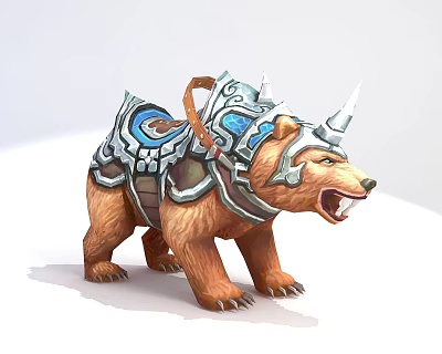 Tech Exhibition Hall Showcasing Armored Brown Bear With Blue Silver Decorations And Powerful Stance 3d model