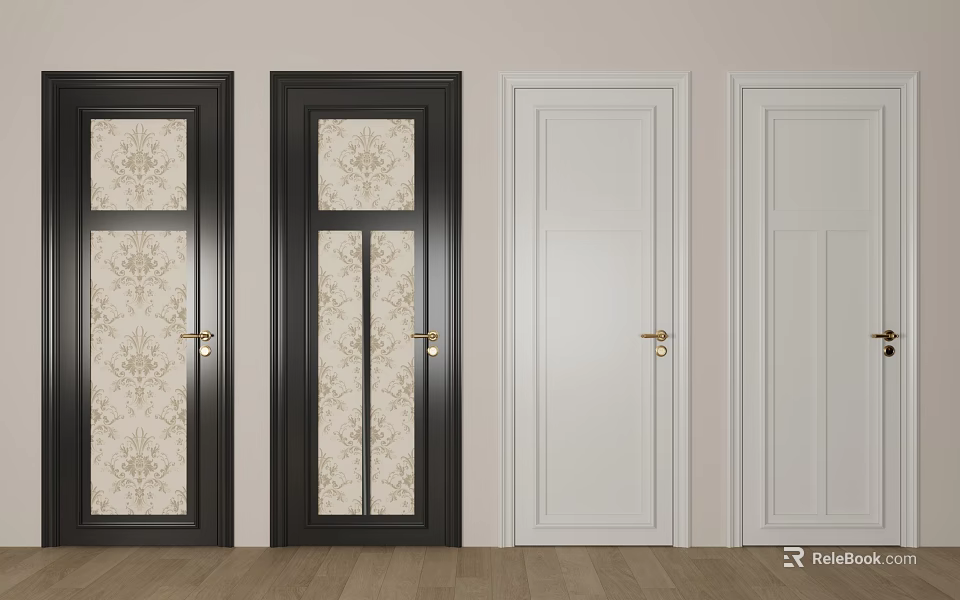 Black and White Swing Doors with Patterned and Plain Panels and Door Handles 3d model