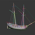 Cartoon Sailing Ship with Masts Ropes and White Brown Hull on Dark Background