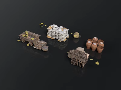 3D Model Equipment Including Truck Stacked Bags Clay Pots And Small House Structure 3d model