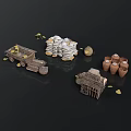 3D Model Equipment Including Truck Stacked Bags Clay Pots And Small House Structure