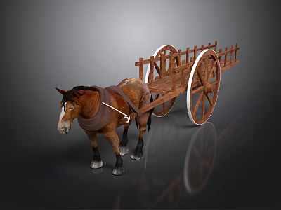 Horse Drawn Wooden Cart With Large Wheels And Brown Horse 3d model