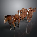 Horse Drawn Wooden Cart With Large Wheels And Brown Horse