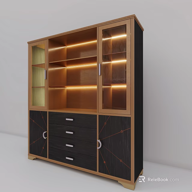 Wooden Wine Cabinet With Glass Doors Interior LED Lighting And Drawers Below 3d model 