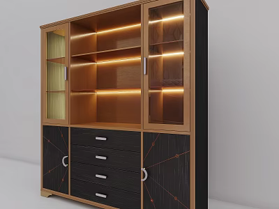 Wooden Wine Cabinet With Glass Doors Interior LED Lighting And Drawers Below 3d model