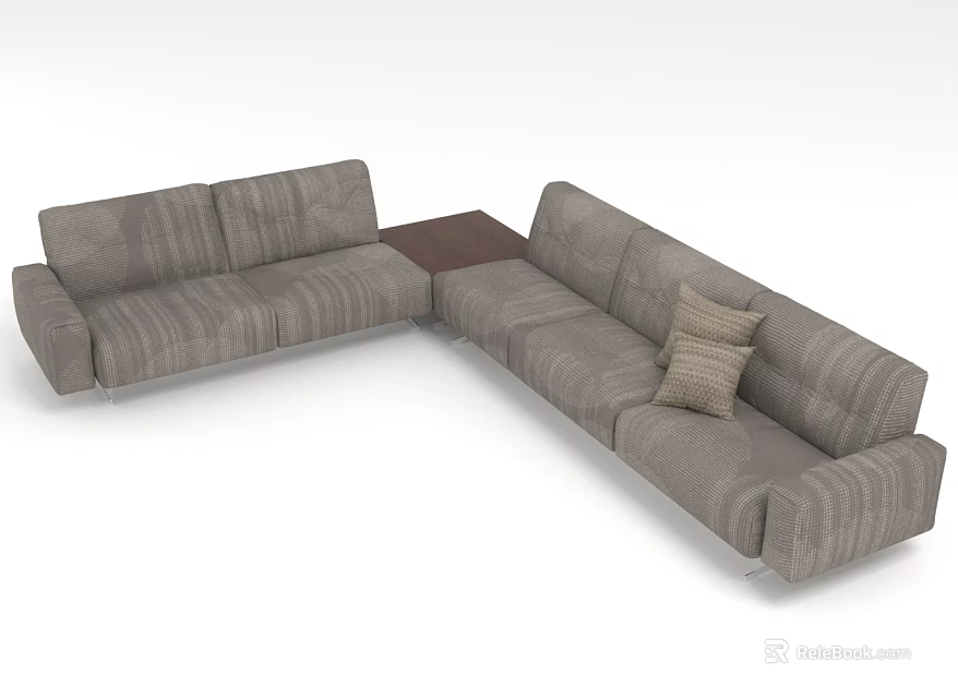 Many People Relaxing On Gray L Shaped Sofa With Coffee Table And Cushion 3d model 