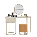Modern White Dressing Table With Round Mirror Cosmetics And Orange Stool 3d model