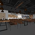 Modern Industrial Restaurant Interior With Long Dining Tables Hanging Pendant Lights Wine Racks And Colorful Windows