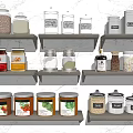 Organized Kitchen Spice Jars On Wooden Shelves With Labeled Containers And Various Spices
