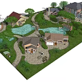 Multiple Detached Villas Community With Greenery Ponds Winding Paths And Parking Area