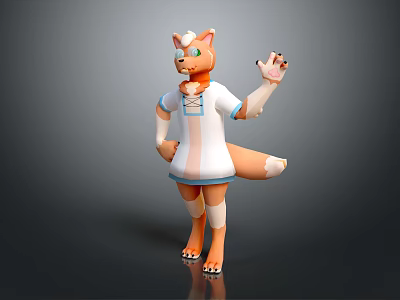 Cute Orange Fox Cartoon Game Character in White Dress with Blue Trim Posing Playfully 3d model