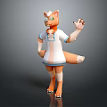 Cute Orange Fox Cartoon Game Character in White Dress with Blue Trim Posing Playfully