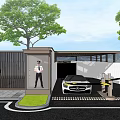 Modern Metal Entrance Gate with Security Booth Guard Near Trees White Car Stone Pavement