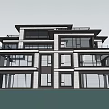 Modern Detached Villa Featuring Large Glass Windows Balconies and Water Reflection Under Blue Sky