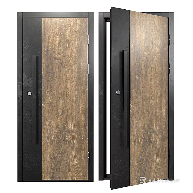 Elegant Modern Hinged Doors With Wooden Texture Black Frame And Door Handles 3d model 