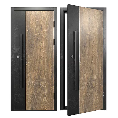 Elegant Modern Hinged Doors With Wooden Texture Black Frame And Door Handles 3d model