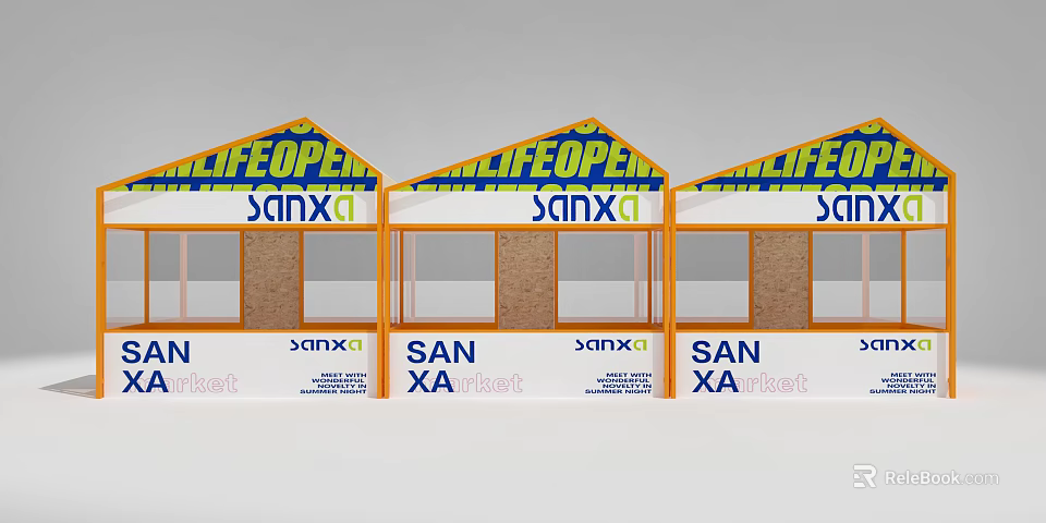 Row of Three Temporary Booths Featuring LIFEOPEN and SANXA Branding 3d model 