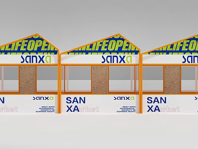 Row of Three Temporary Booths Featuring LIFEOPEN and SANXA Branding 3d model