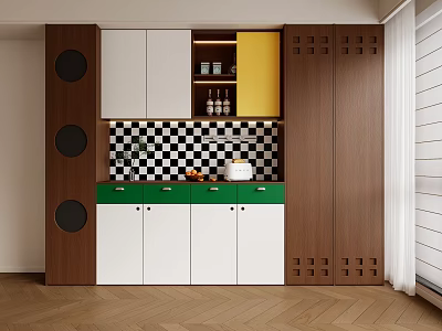 Retro Walnut Multicolor Sideboard Cabinet With Checkerboard Tile Backsplash And Large Practical Storage Space 3d model