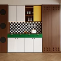 Retro Walnut Multicolor Sideboard Cabinet With Checkerboard Tile Backsplash And Large Practical Storage Space