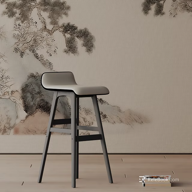 Modern Minimalist Bar Stool With Artistic Ink Painting Wall And Wooden Floor 3d model 