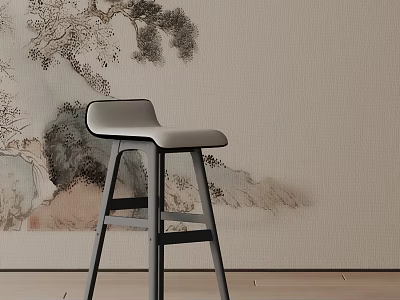 Modern Minimalist Bar Stool With Artistic Ink Painting Wall And Wooden Floor 3d model