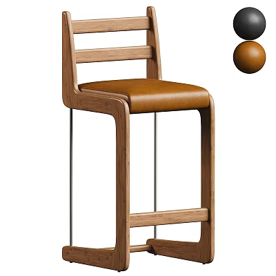 Modern Wooden Bar Stool With Brown Leather Seat And Metal Frame Design 3d model