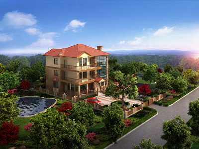 Detached Villa Featuring Red Roof Yellow Exterior Lush Green Garden Pond And Driveway 3d model