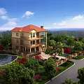 Detached Villa Featuring Red Roof Yellow Exterior Lush Green Garden Pond And Driveway