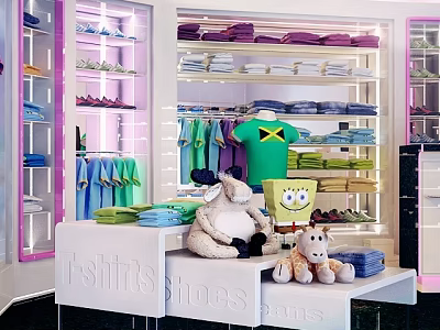 Colorful Clothing Store With T Shirts Shoes And Plush Toys On Organized Shelves 3d model