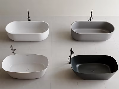 Modern Freestanding Bathtubs In White Gray And Black With Faucets On Tile Floor 3d model