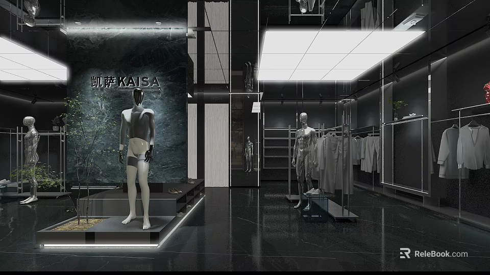 Modern Fashion Store Interior Design With Mannequins Clothes Racks And Stylish Lighting 3d model 