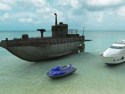 White Yacht With Blue Jet Ski And Submarine In Clear Blue Sea Under Cloudy Sky 3d model
