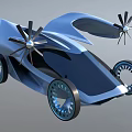 Futuristic Flying Car With Propellers And Blue Rimmed Wheels Flying In Sky