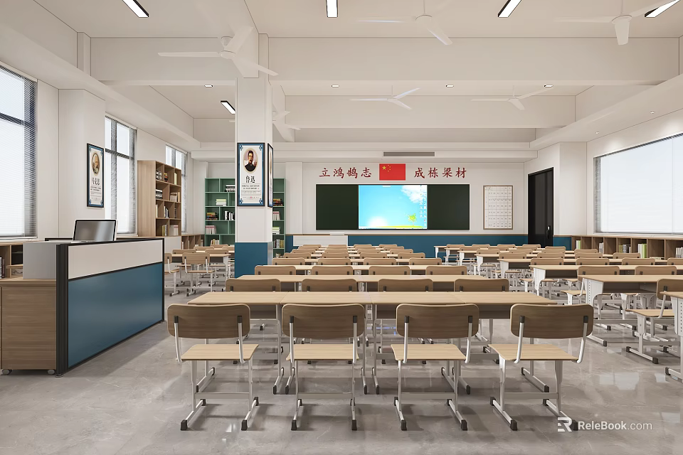 School Classroom Interior Design With Desks Chairs Blackboard And Bookshelves 3d model 