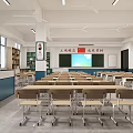 School Classroom Interior Design With Desks Chairs Blackboard And Bookshelves