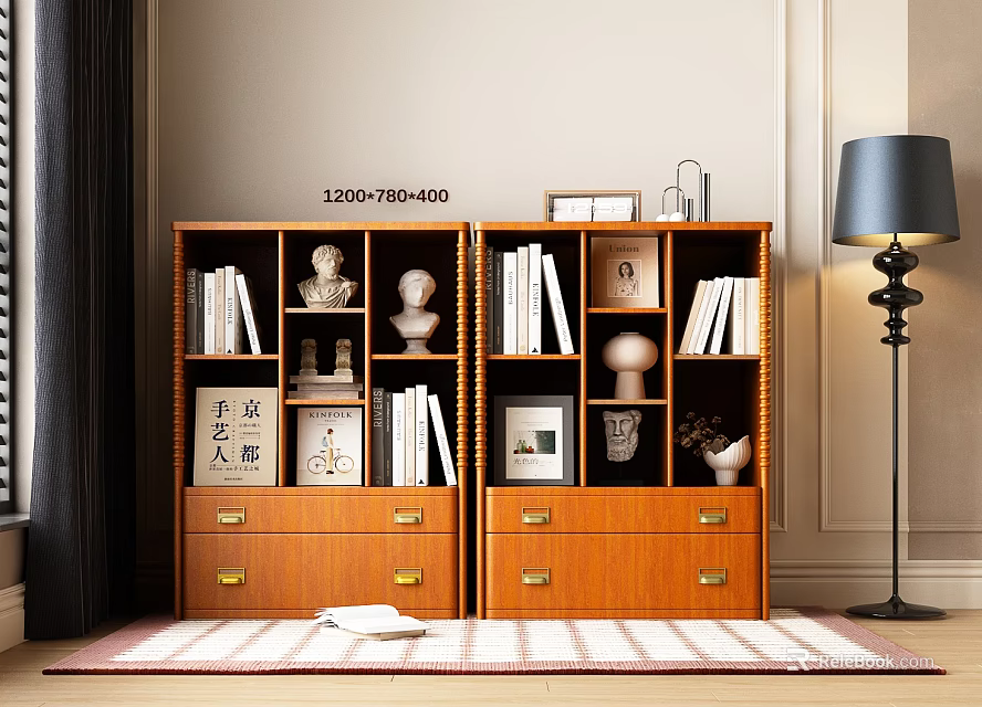 Wooden Bookcase Interior With Books Decorative Statues Photo Frames Vases And Drawers 3d model 