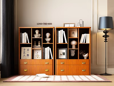 Wooden Bookcase Interior With Books Decorative Statues Photo Frames Vases And Drawers 3d model