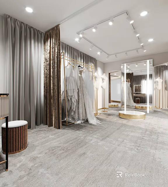 Elegant Bridal Shop Interior With Hanging Wedding Dresses Mirrors Curtains And Lighting 3d model 
