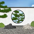 Circular Garden Wall Featuring Pine Tree Pattern with Green Pine White Wall and Gray Gravel 3d model