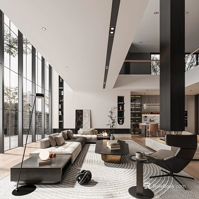 Luxury Modern High Ceiling Living Room With Large Floor Windows And Elegant Comfortable Interior Design 3d model 