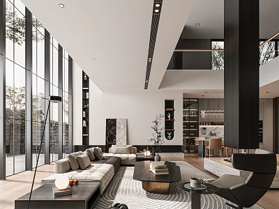 Luxury Modern High Ceiling Living Room With Large Floor Windows And Elegant Comfortable Interior Design 3d model