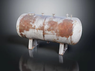 Rusty Cylindrical Metal Tank With Top Valves And Legs On Reflective Surface 3d model