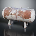 Rusty Cylindrical Metal Tank With Top Valves And Legs On Reflective Surface